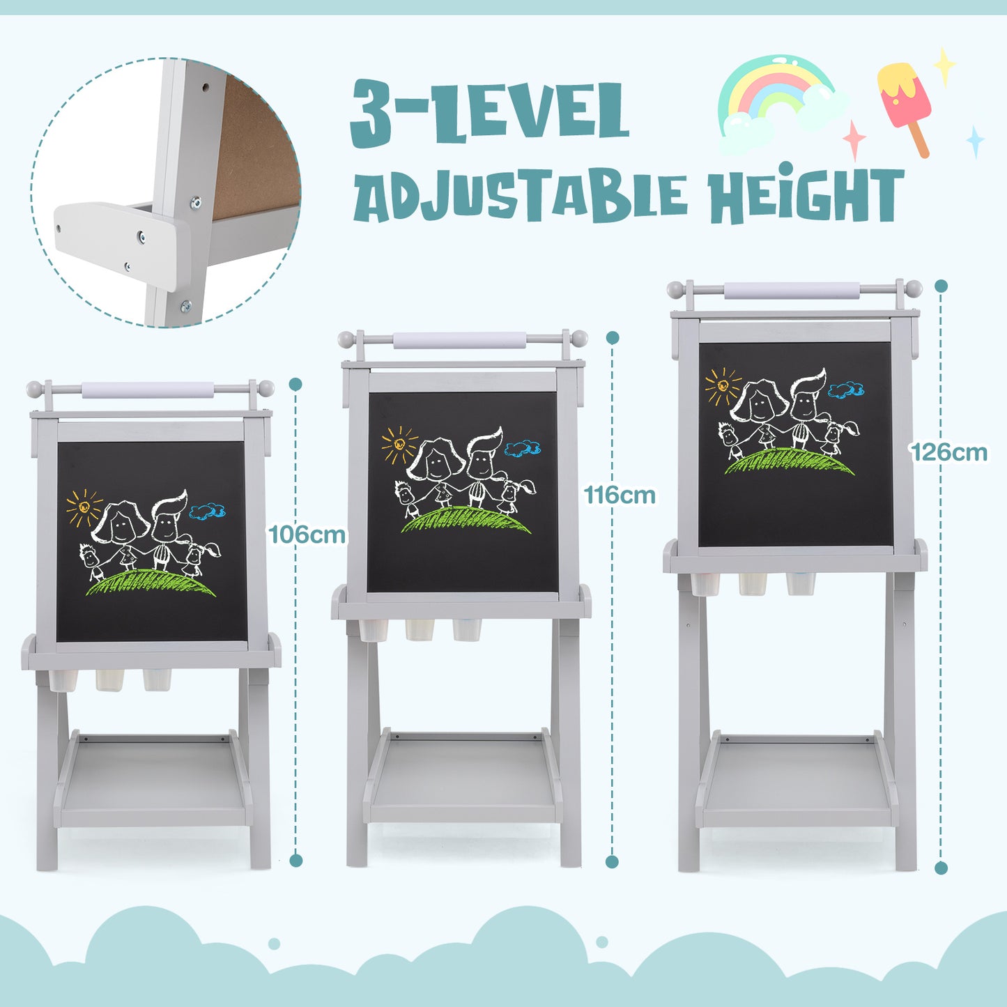 3 in 1 Foldable Kids Art Easel | Chalkboard Whiteboard | Grey