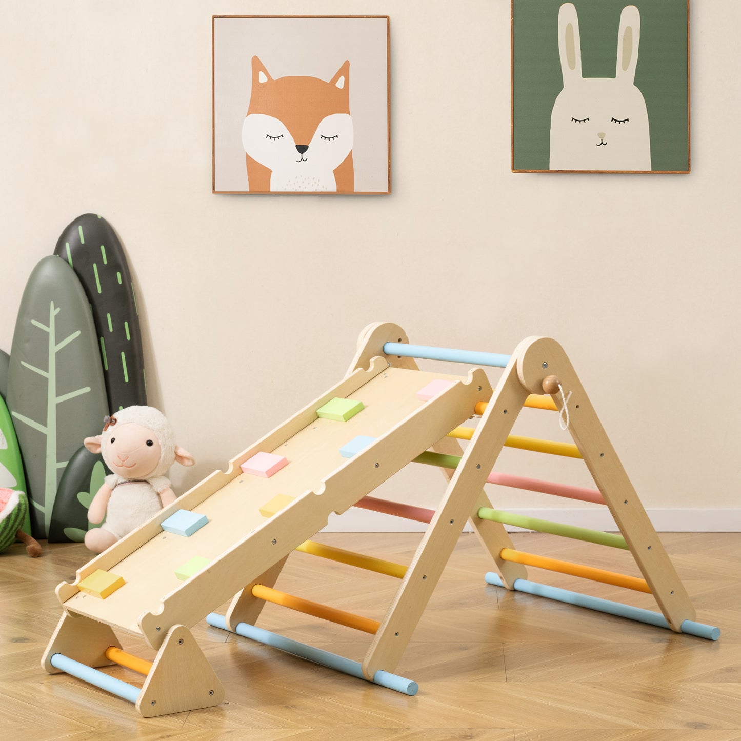 3-in-1 Pikler Triangle Climbing Set with Dual-Side Ramp and Adjustable Climbing Triangle-Colourful