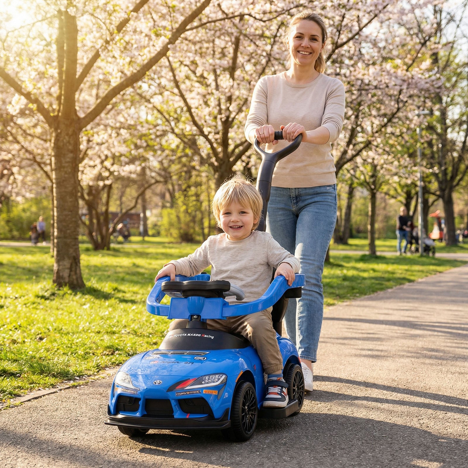 Costway 3-in-1 Push Car for Toddlers with Handle and Music for Boys and Girls Aged 1.5-5 Years Old-Blue