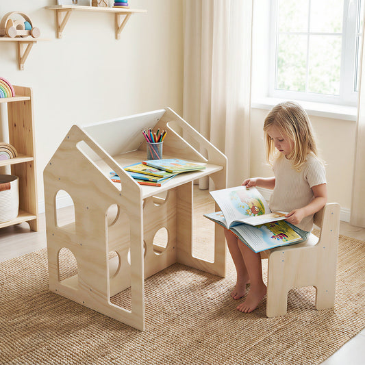 Costway 3-in-1 Toddler Art Table Set with 2 Bookshelves and Chalkboard for Painting and Crafting-Natural