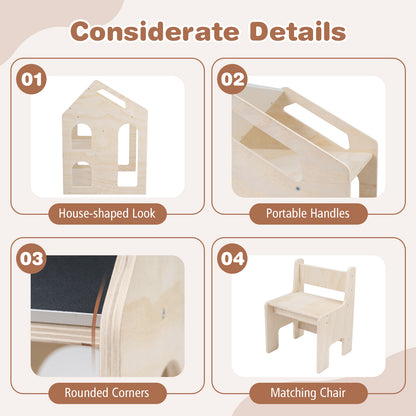 3 In 1 Kids Art Table Set | Natural Chalkboard & Bookshelves