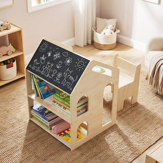 3 In 1 Kids Art Table Set | Natural Chalkboard & Bookshelves