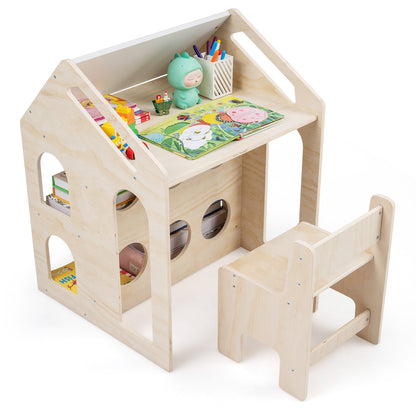 3 In 1 Kids Art Table Set | Natural Chalkboard & Bookshelves
