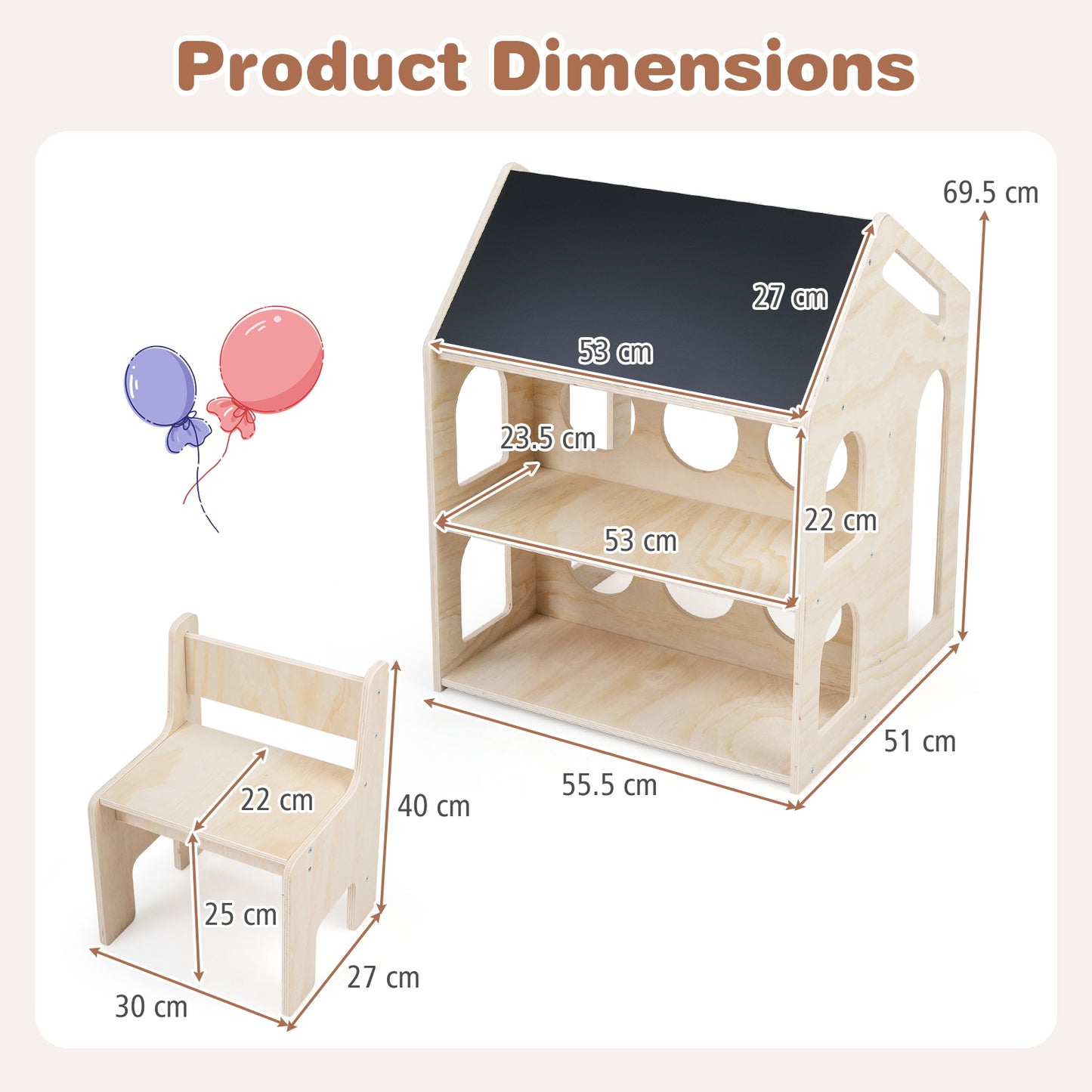 3 In 1 Kids Art Table Set | Natural Chalkboard & Bookshelves