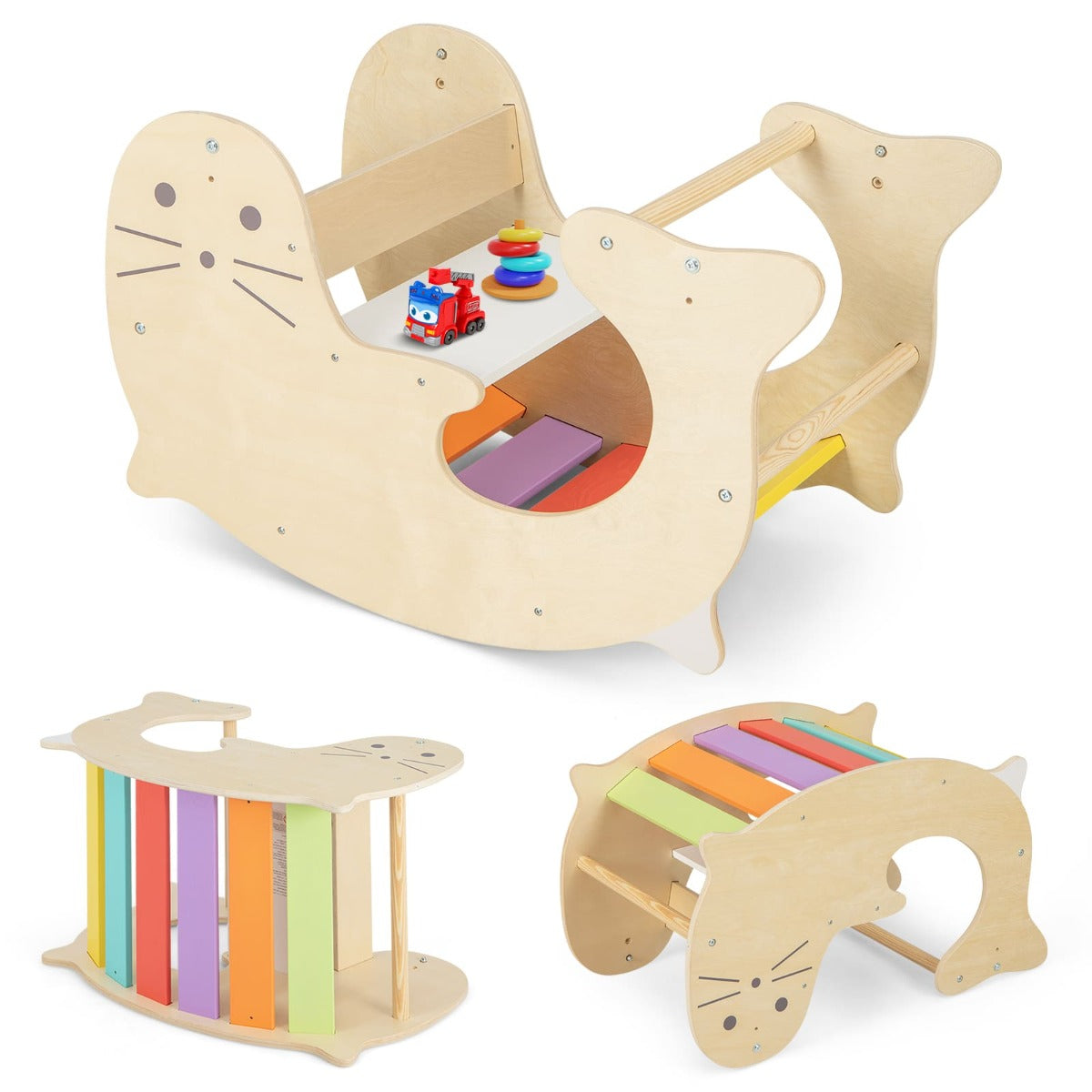 Kids wooden play set with climbing arch, rocking horse, and play table for home fun.