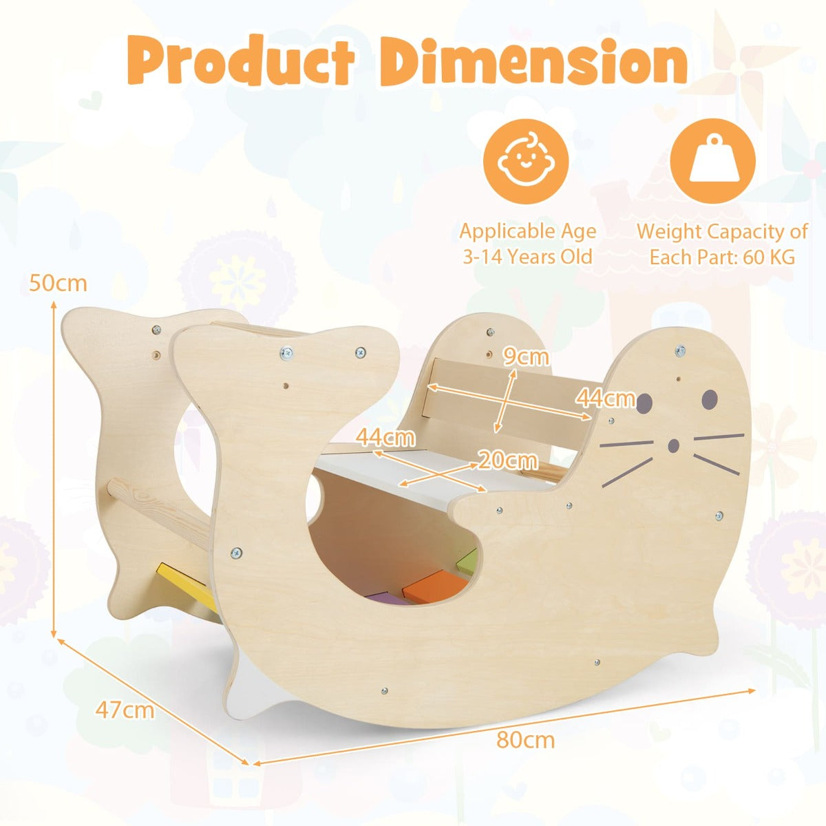 Montessori-inspired wooden play set with climbing arch, rocking horse, and table for active learning.