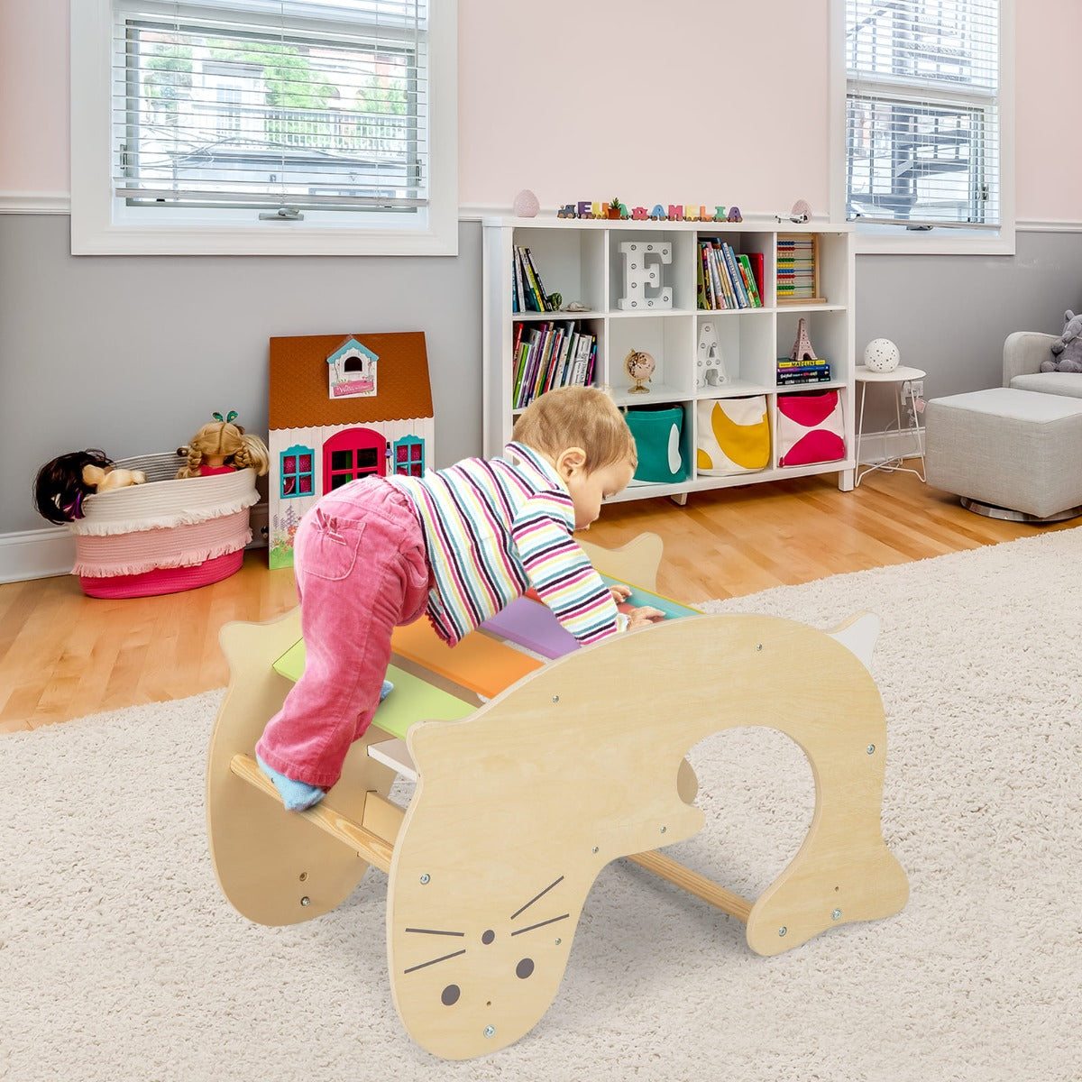 Kids Wooden Climbing Arch, Rocking Horse and Play Table - Versatile, engaging set for imaginative play