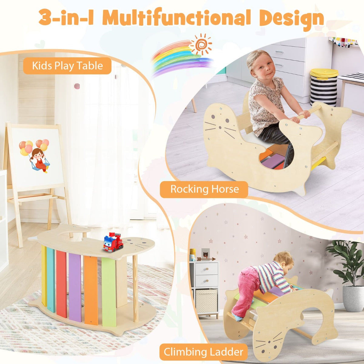 Kids wooden play set with climbing arch, rocking horse, and play table for fun indoors