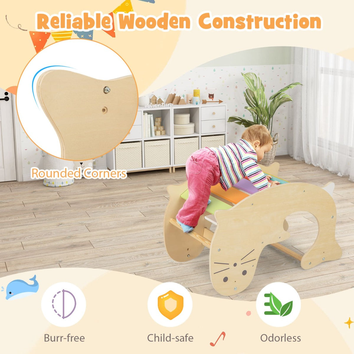 Montessori-inspired climbing set with rocking horse and play table for active, imaginative play.