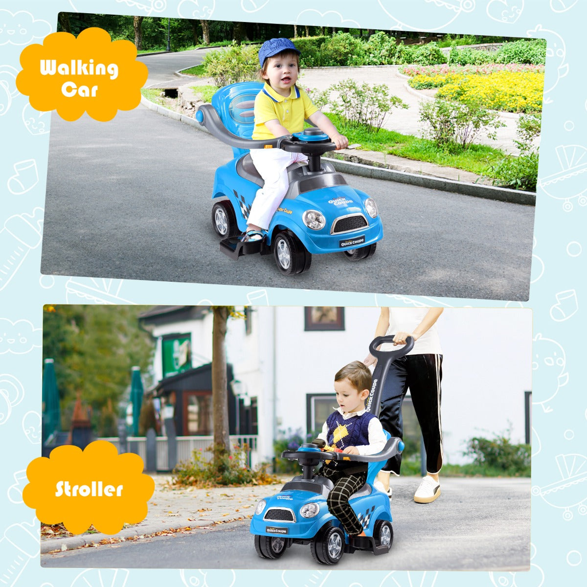 Blue 3-in-1 ride-on push car with detachable guardrails and handle for versatile child transportation and play