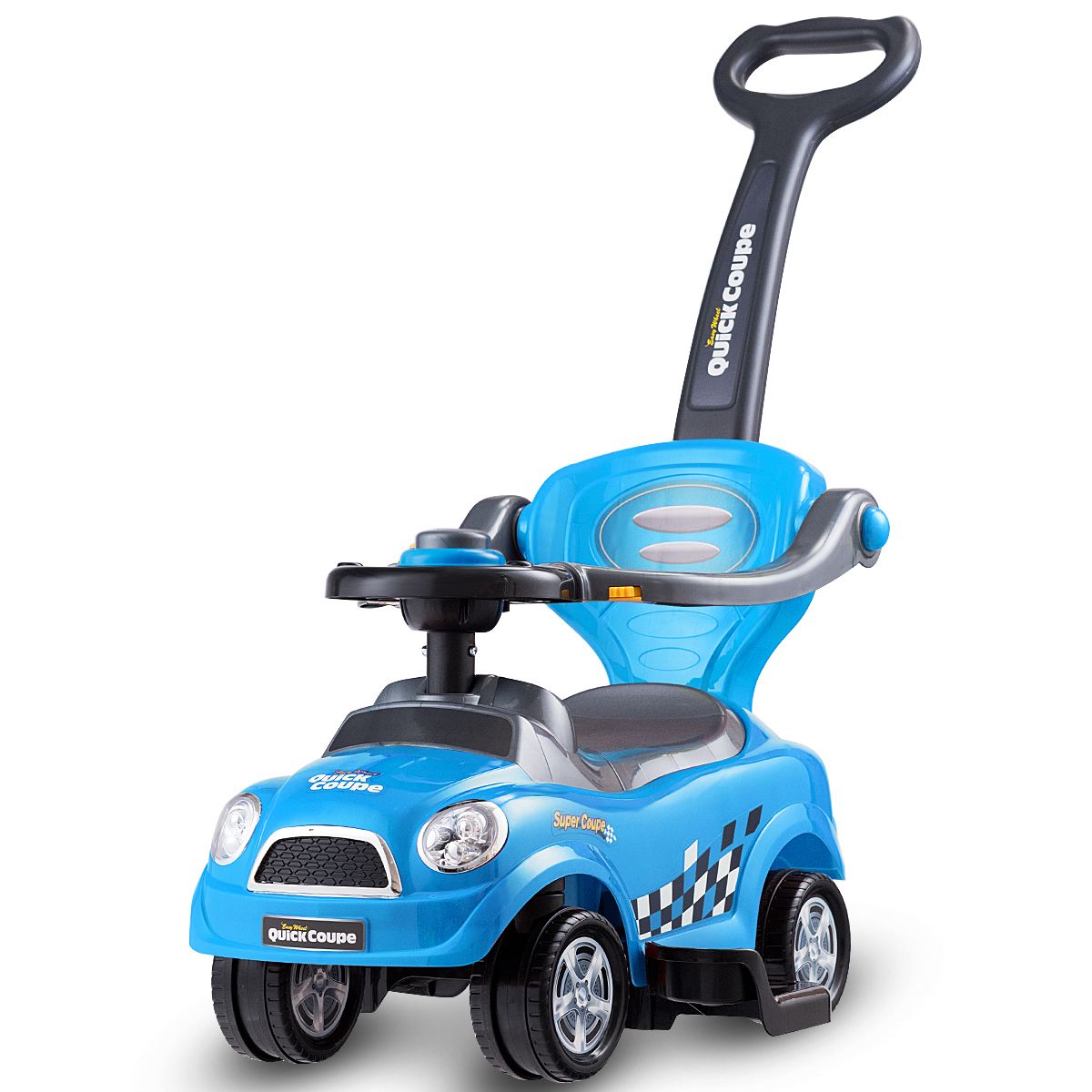 Blue 3-in-1 ride-on push car with detachable guardrails and handle for versatile child transport and play