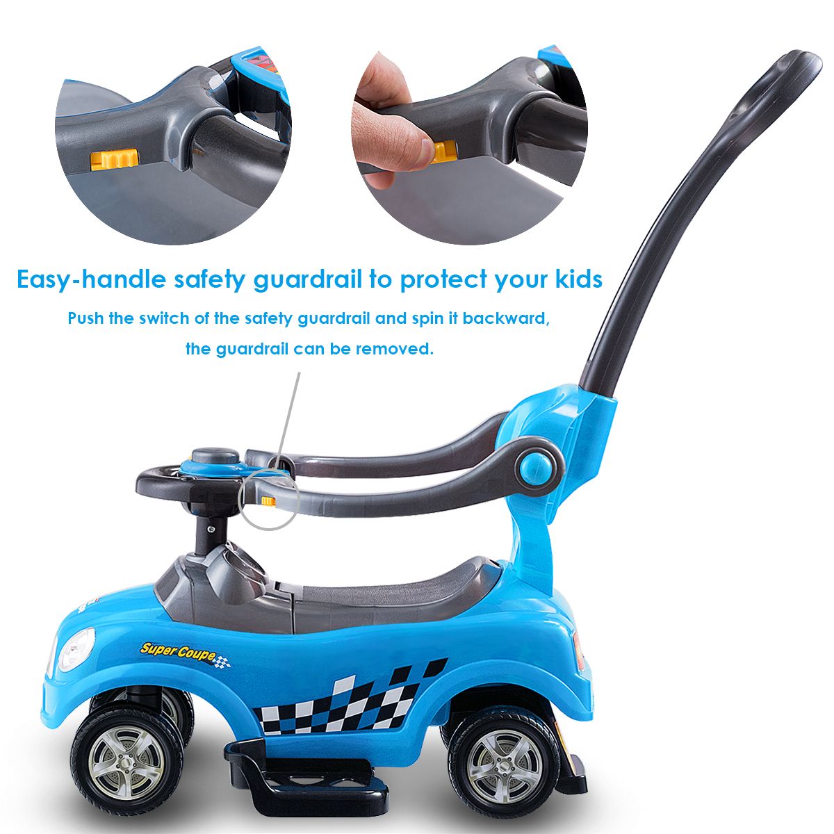 Blue 3-in-1 push car with detachable guardrails and handle offers versatile riding options for growing children