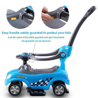 Blue 3-in-1 push car with detachable guardrails and handle offers versatile riding options for growing children