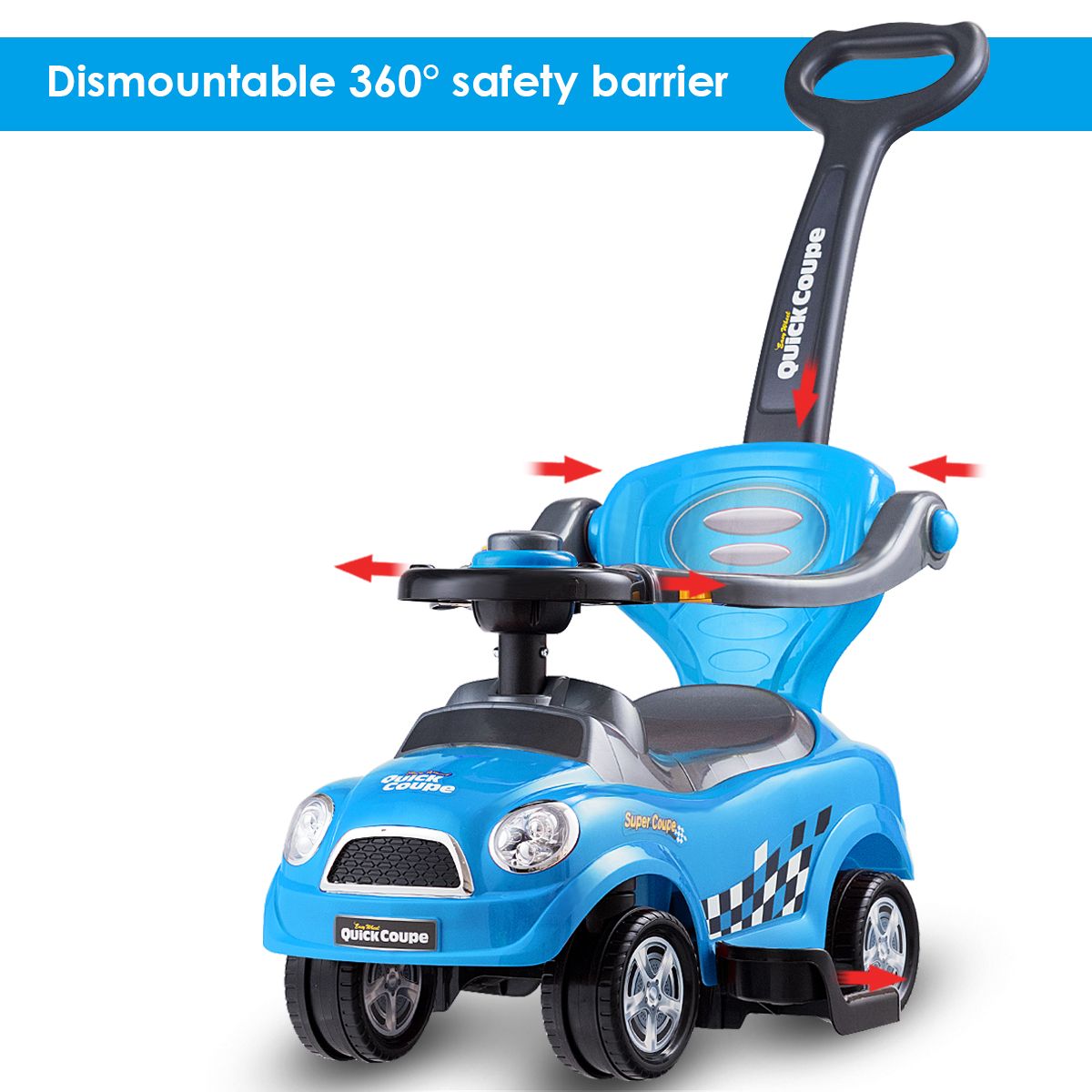 Blue 3-in-1 ride-on push car with detachable guardrails and handle for versatile, safe child transportation and play