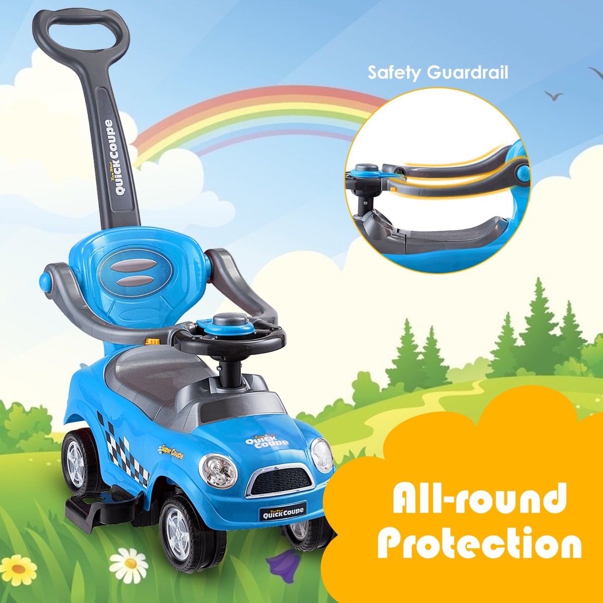 Blue 3-in-1 ride-on push car with detachable guardrails and handle for versatile child transportation and play