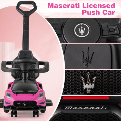 Pink Maserati-style ride-on push car with musical steering wheel for interactive playtime and stylish cruising.