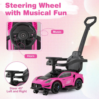 Pink Maserati-inspired ride-on push car with musical steering wheel for interactive playtime and mobility development.