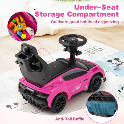 Pink Maserati-inspired ride-on car with musical steering wheel, offering stylish and interactive fun for children.