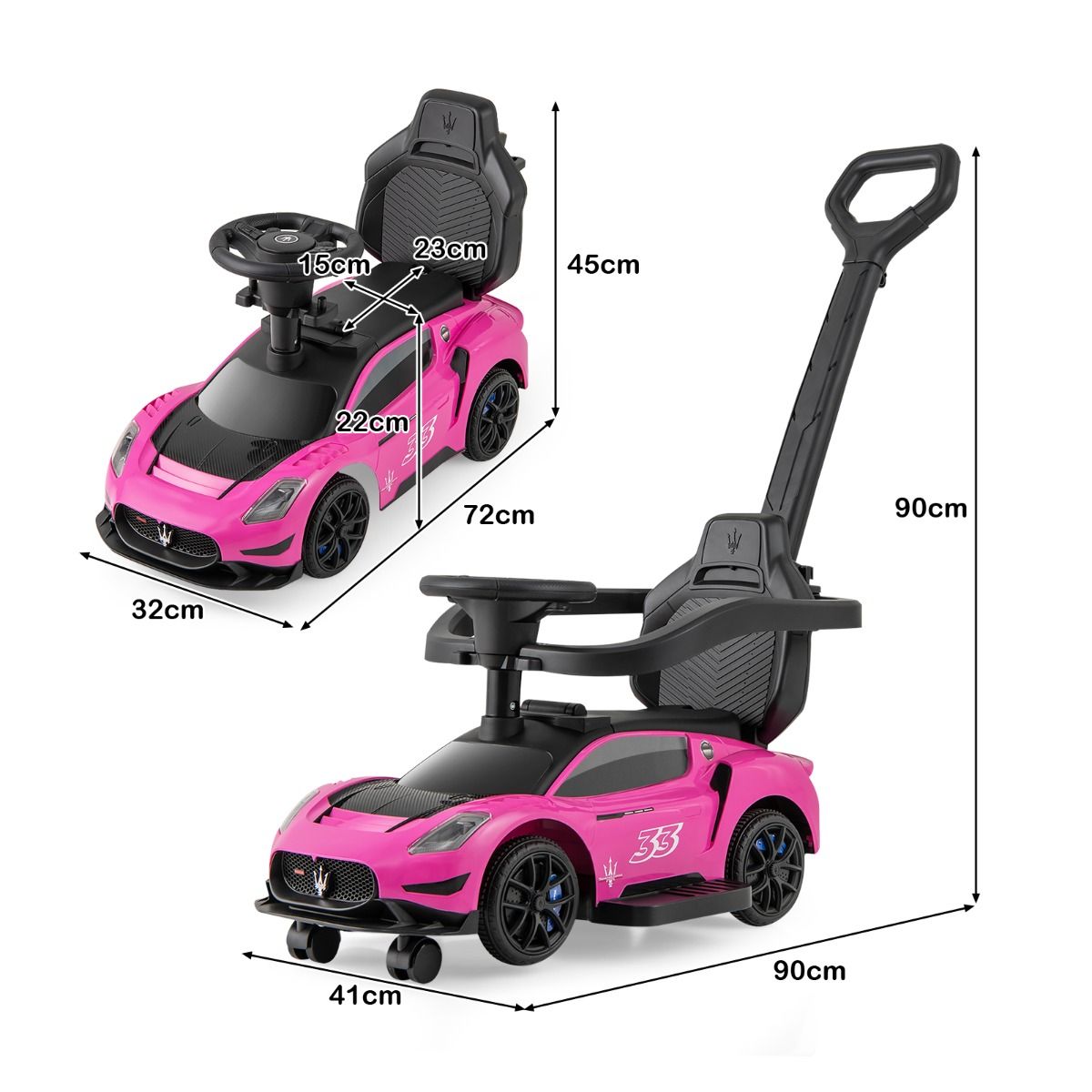 Pink Maserati ride-on push car with musical steering wheel offers luxurious playtime fun for little drivers.