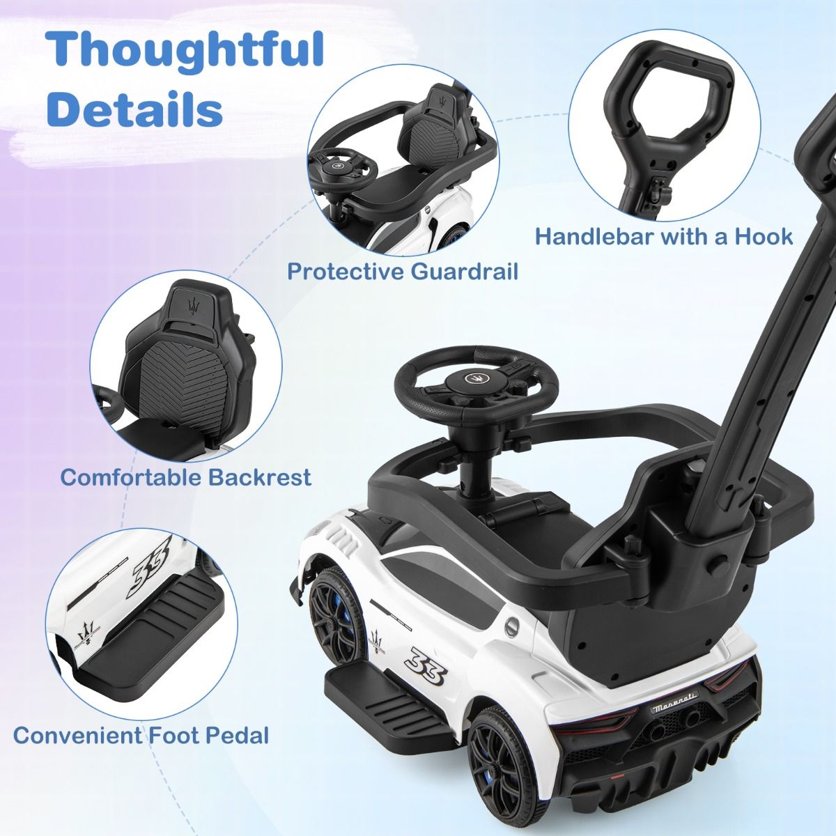 White Maserati-style ride-on push car with musical steering wheel for interactive, luxury-inspired playtime fun.