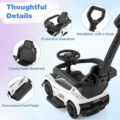 White Maserati-style ride-on push car with musical steering wheel for interactive, luxury-inspired playtime fun.