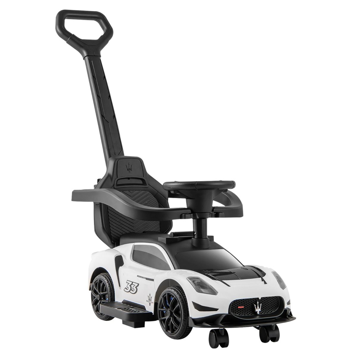 White Maserati-style ride-on push car with musical steering wheel for interactive toddler playtime and mobility development.