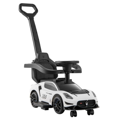 White Maserati-style ride-on push car with musical steering wheel for interactive toddler playtime and mobility development.