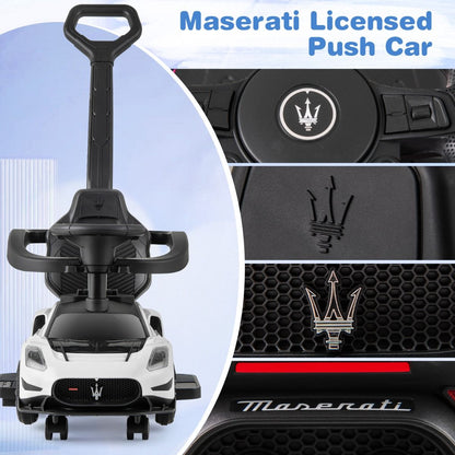 White Maserati-style ride-on push car with musical steering wheel, offering luxurious playtime fun for little drivers.
