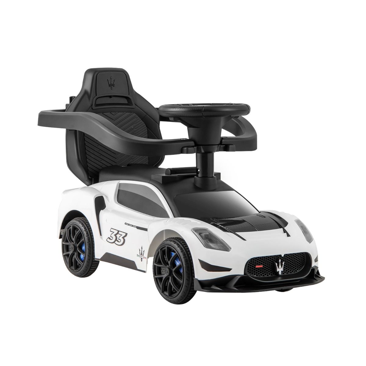 White Maserati-style ride-on push car with musical steering wheel for interactive playtime and stylish cruising.