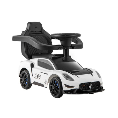 White Maserati-style ride-on push car with musical steering wheel for interactive playtime and stylish cruising.