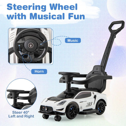 White Maserati-style ride-on push car with musical steering wheel for interactive toddler playtime fun.
