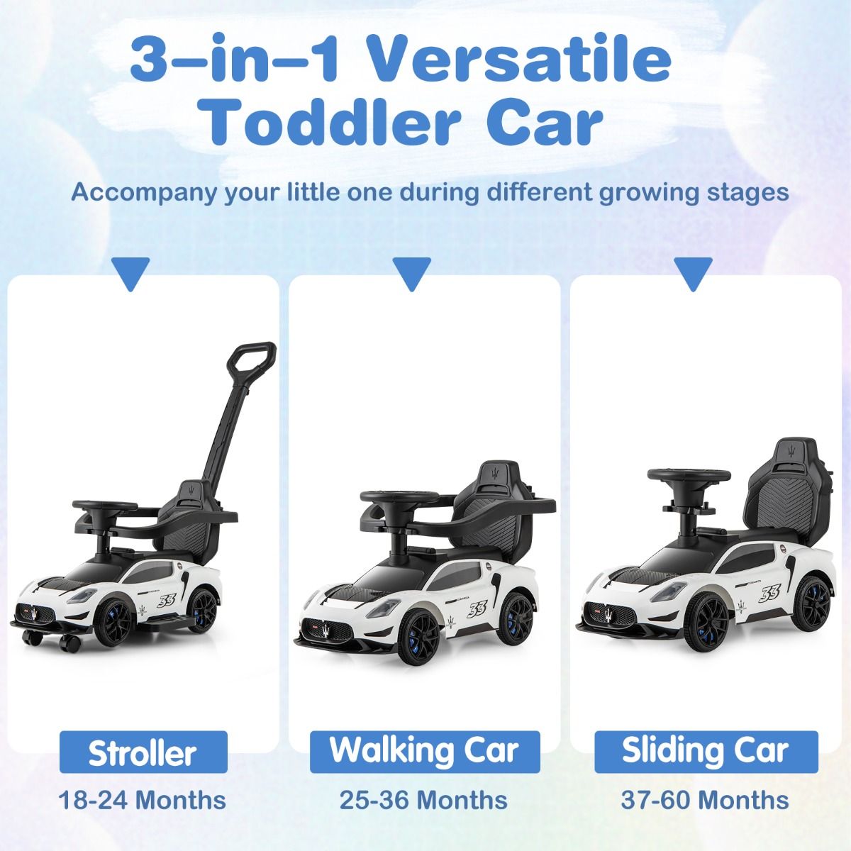 White Maserati-style ride-on push car with musical steering wheel for interactive playtime and stylish cruising.