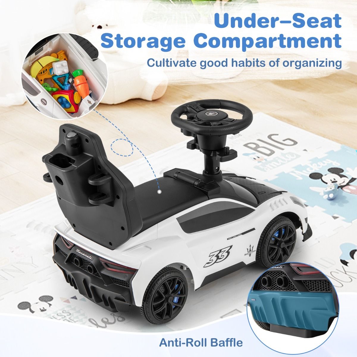 White Maserati-inspired ride-on push car with musical steering wheel for interactive toddler playtime and mobility