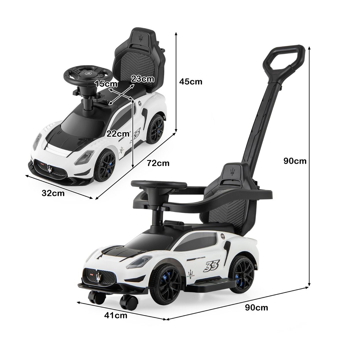 White Maserati-style ride-on push car with musical steering wheel, combining luxury design and interactive play for children.
