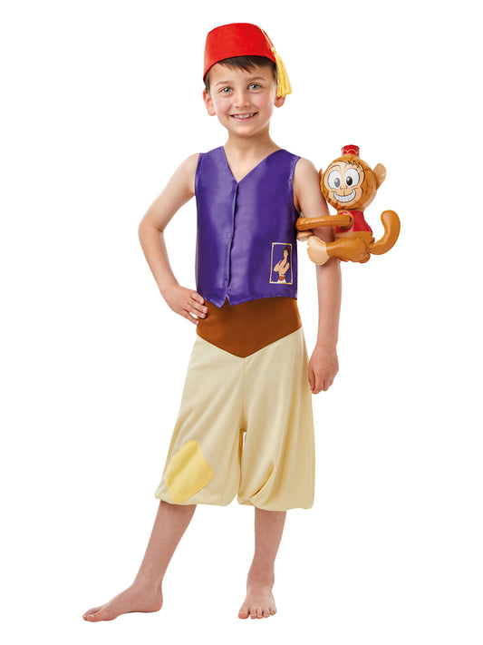 Aladdin-inspired costume for children features blue outfit with gold trim and matching headpiece for magical.