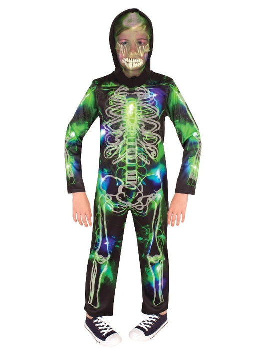 Glow-in-the-dark kids skeleton costume for spooky Halloween fun at home.