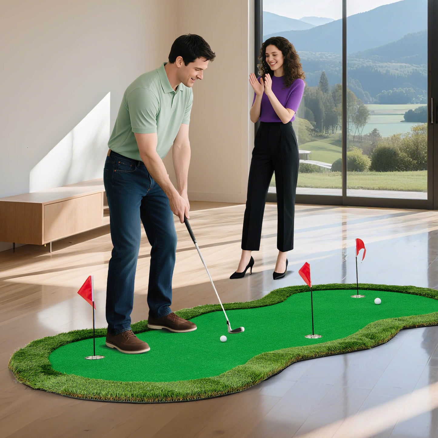 Costway 300 x 150 cm Golf Putting Green Practice Mat with 3 Holes and Golf Balls