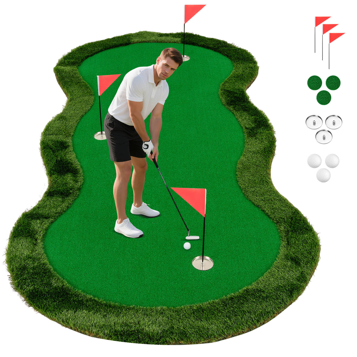 Green Golf Putting Mat 300x150cm | 3 Holes Balls Included