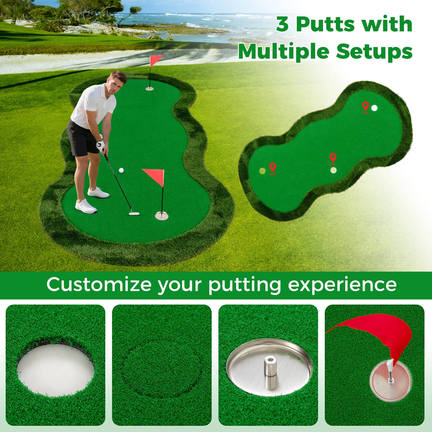 Green Golf Putting Mat 300x150cm | 3 Holes Balls Included