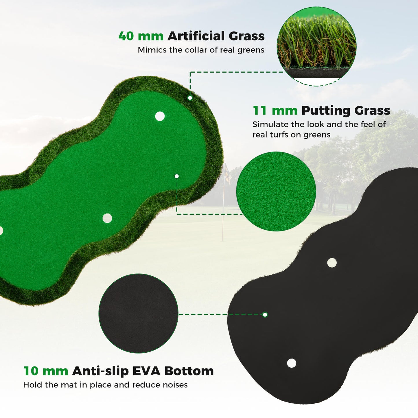 Green Golf Putting Mat 300x150cm | 3 Holes Balls Included
