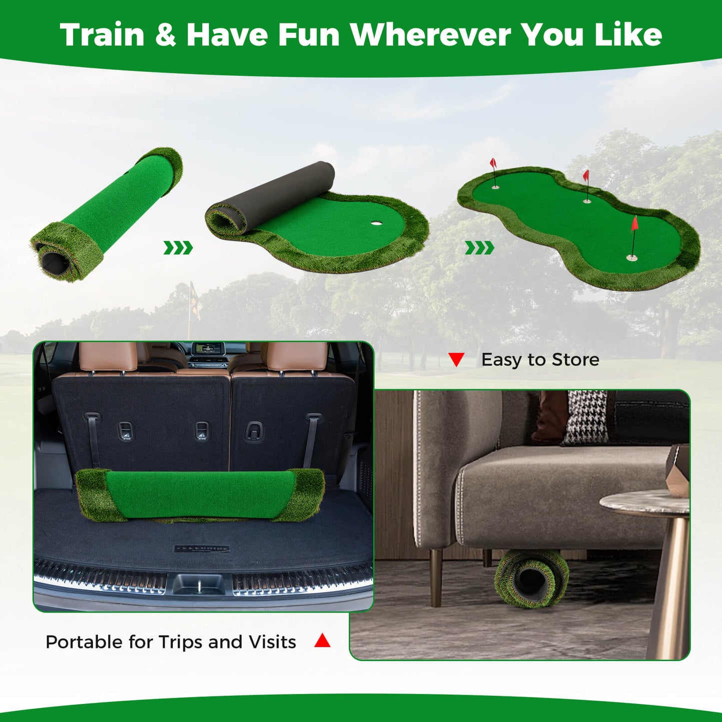 Green Golf Putting Mat 300x150cm | 3 Holes Balls Included