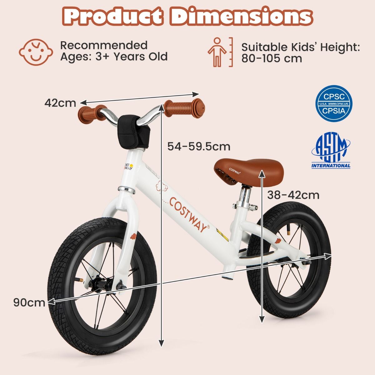 White 30cm Toddler Balance Bike - Adjustable for Ages 3+. Ideal for indoor/outdoor play.