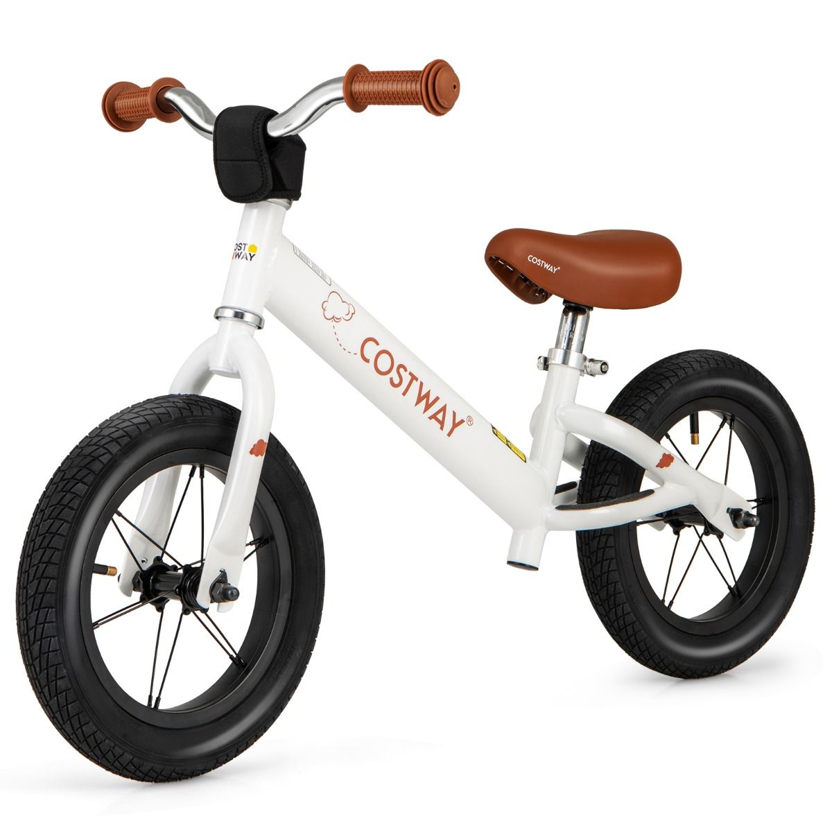 Adjustable toddler balance bike in white, ideal for ages 3+, promoting early childhood development.