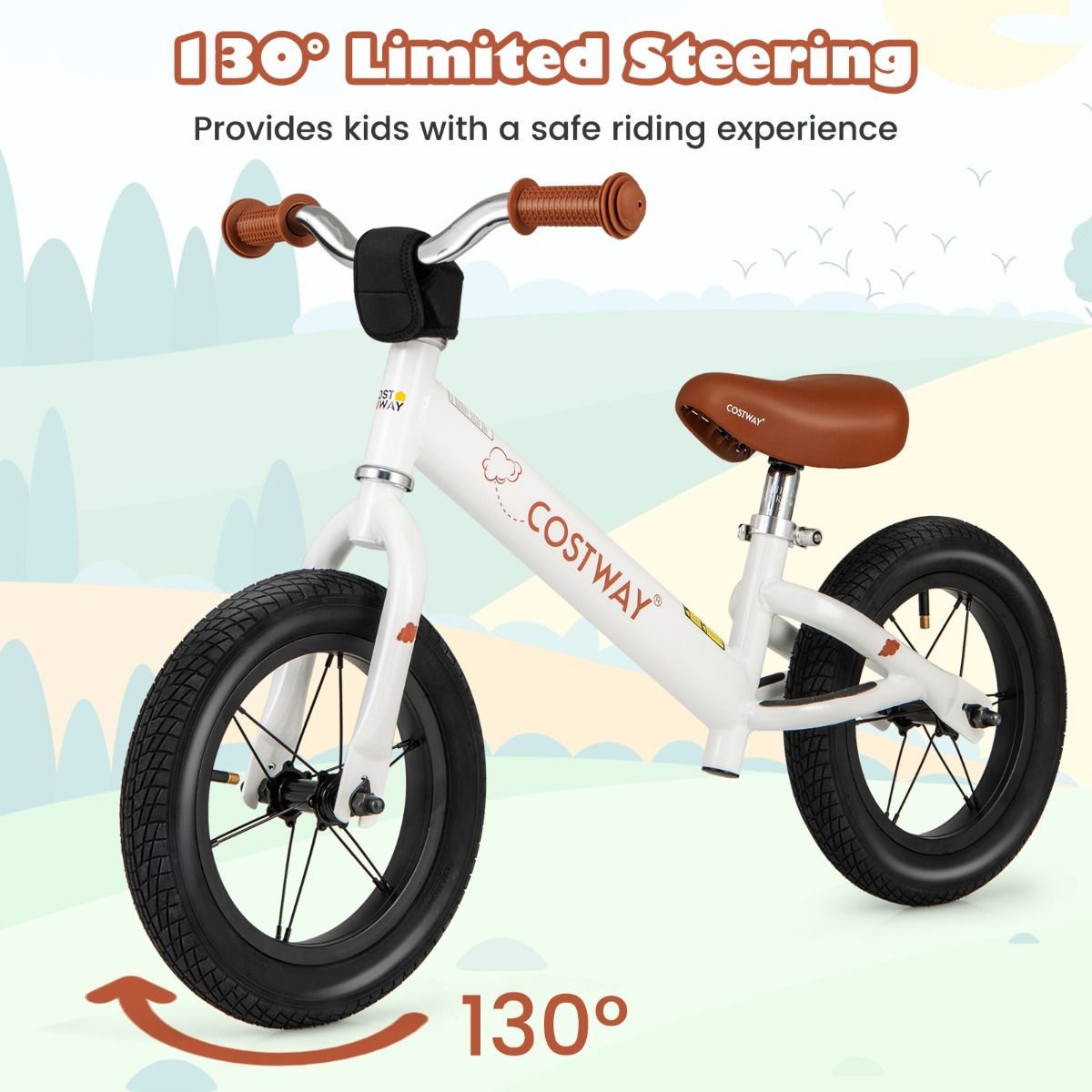 White toddler balance bike, 30cm, adjustable height, ages 3+, ideal for young riders at home.