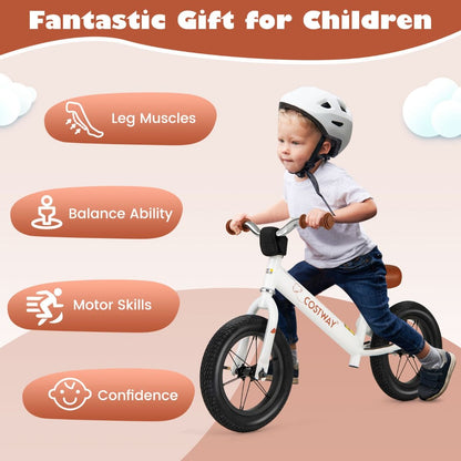 White toddler balance bike with adjustable height for ages 3+ promotes early childhood balance.