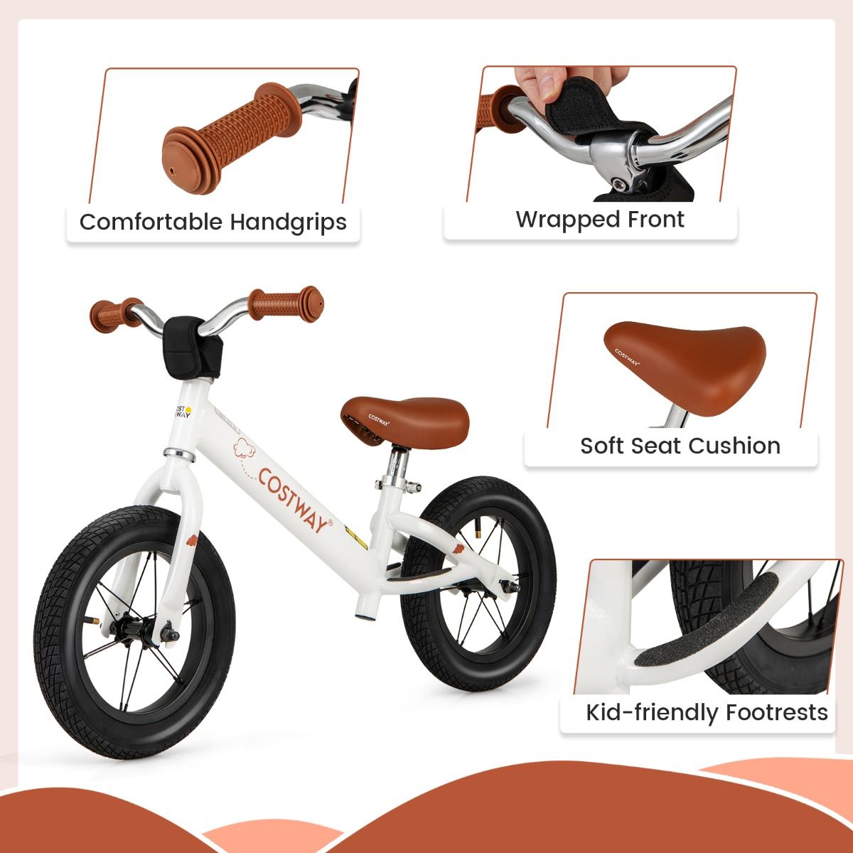 White 30cm Adjustable Toddler Balance Bike for Ages 3+, promoting child motor skills development.