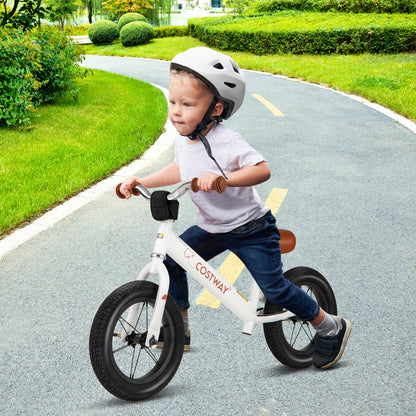 White 30cm toddler balance bike, adjustable for ages 3+, perfect for home riding fun.