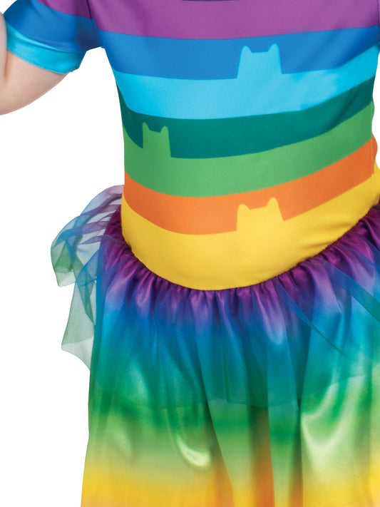 Rainbow tutu dress costume with cat ears headband for playful home dress-up fun.