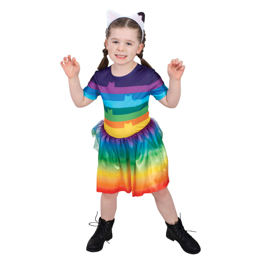 Rainbow tutu dress costume with cat ears headband for childrens dress-up play at home.