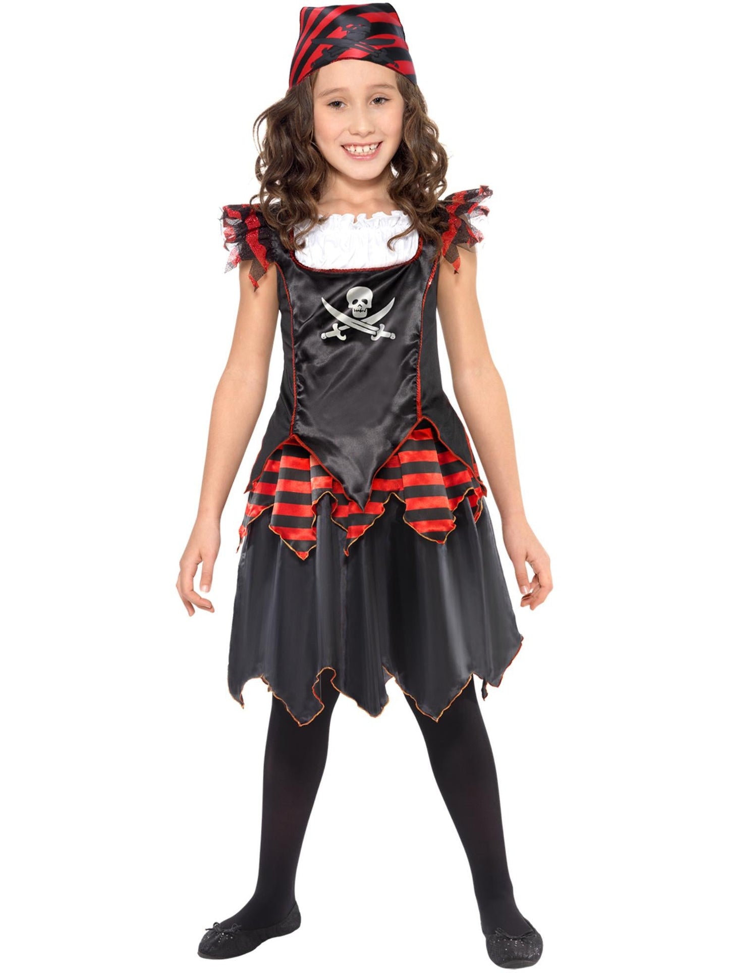 Girls Pirate Skull Crossbones Dress | Red Black Satin Halloween Costume